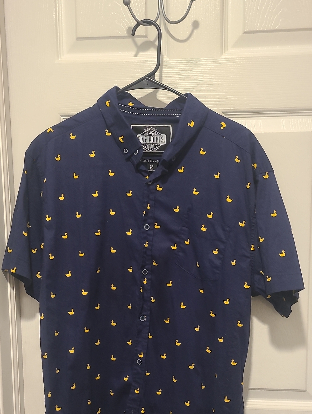 Navy Short-Sleeve Button-Up Shirt with Yellow Duck Print